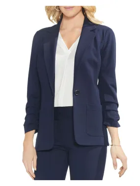 VINCE CAMUTO Womens Navy Pocketed Ruched 3/4 Sleeve Notched Collar Button Wear To Work Blazer Jacket