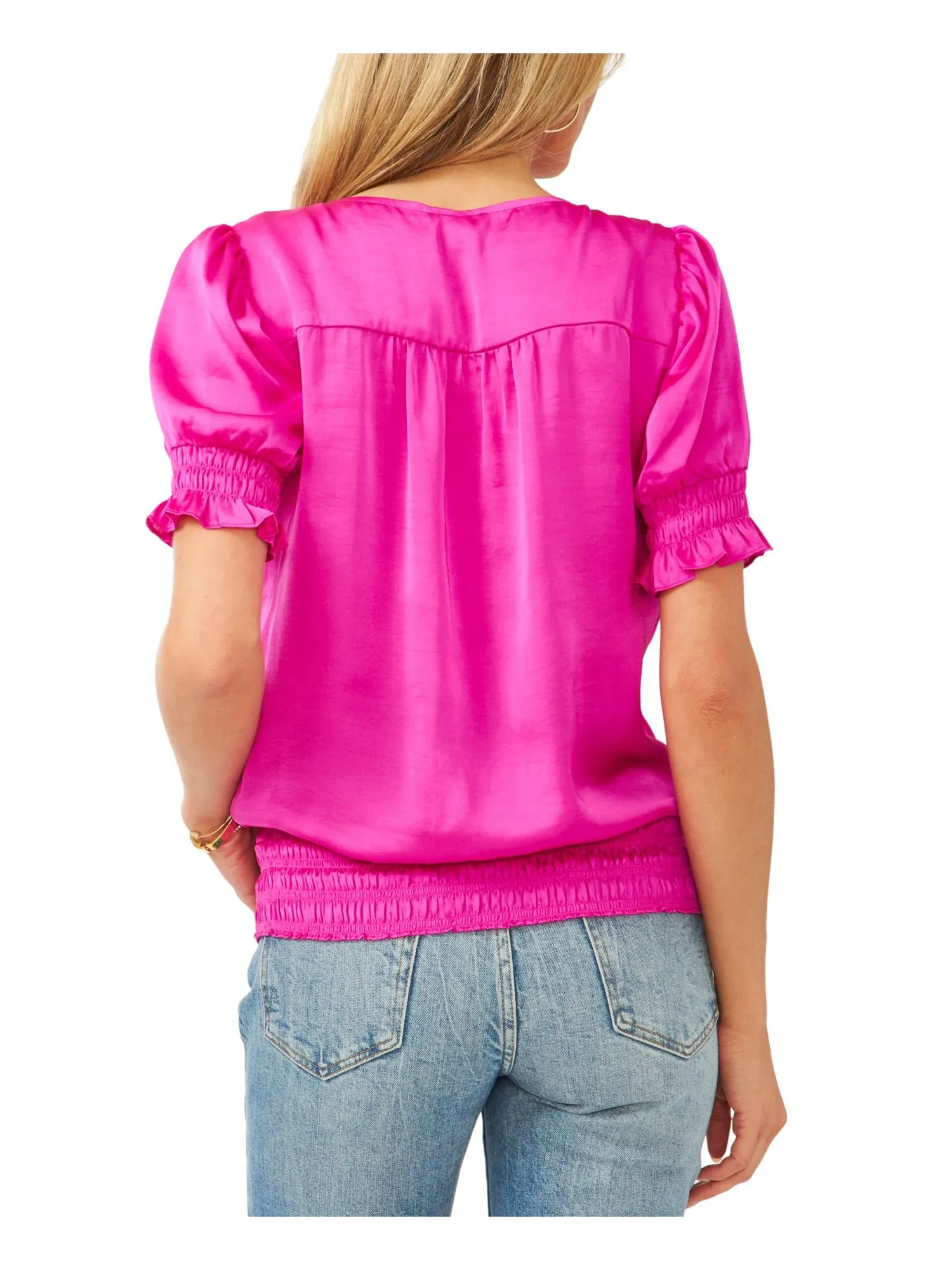 VINCE CAMUTO Womens Pink Smocked Pleated Silk Short Sleeve V Neck Top