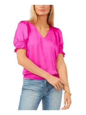 VINCE CAMUTO Womens Pink Smocked Pleated Silk Short Sleeve V Neck Top