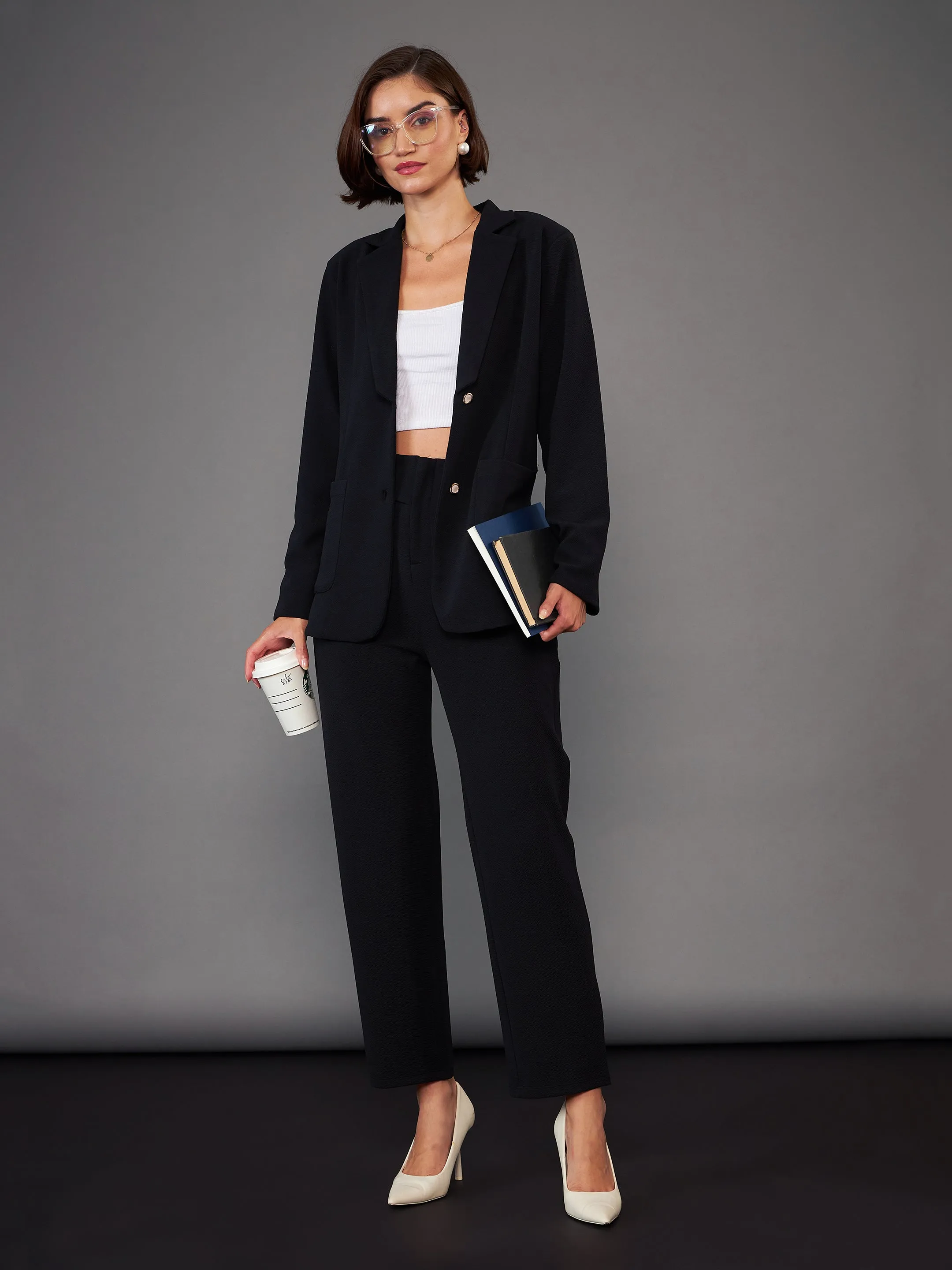 Women Black Slim Fit Blazer With Pleated Pants