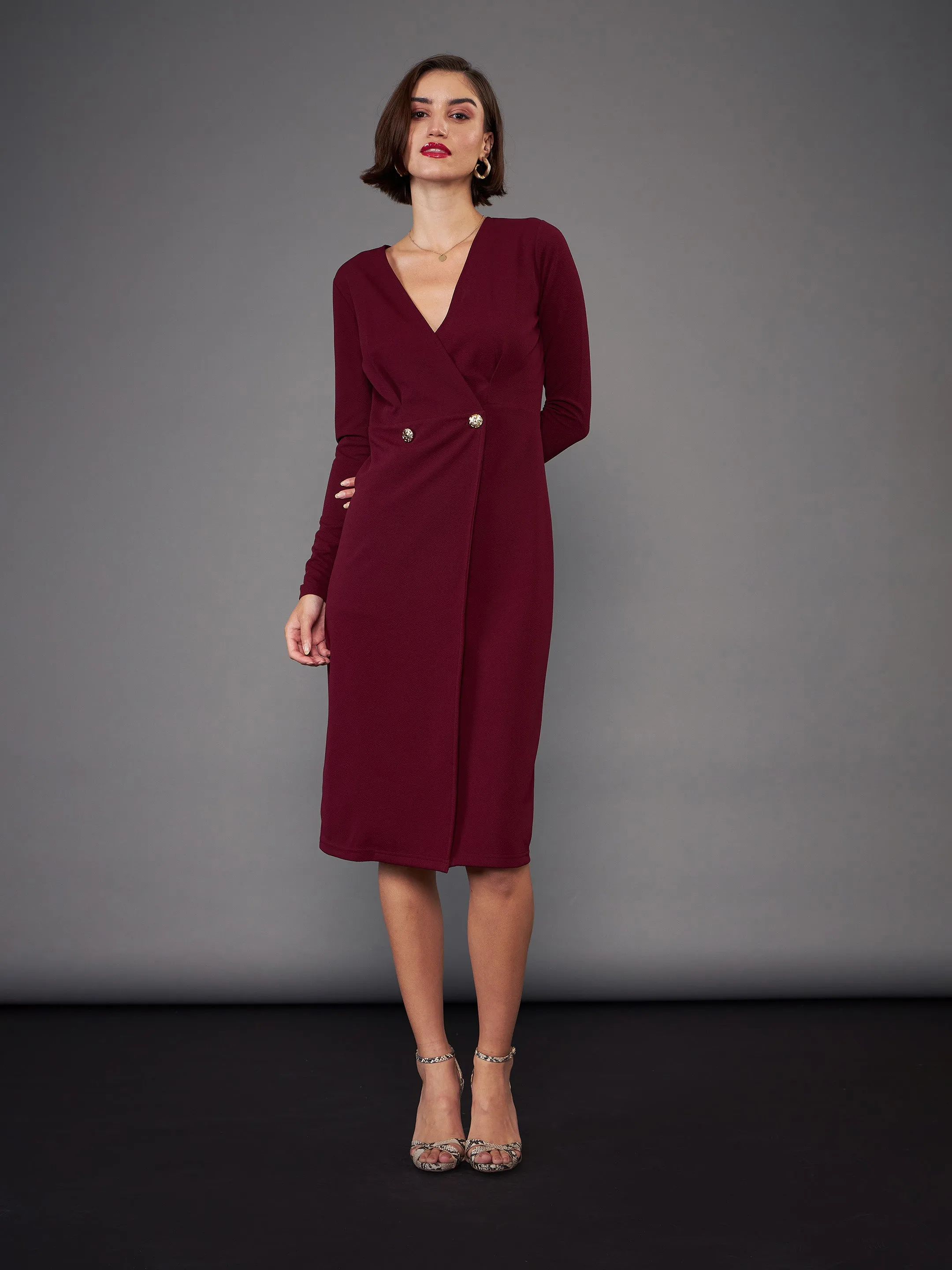 Women Burgundy Blazer Midi Dress