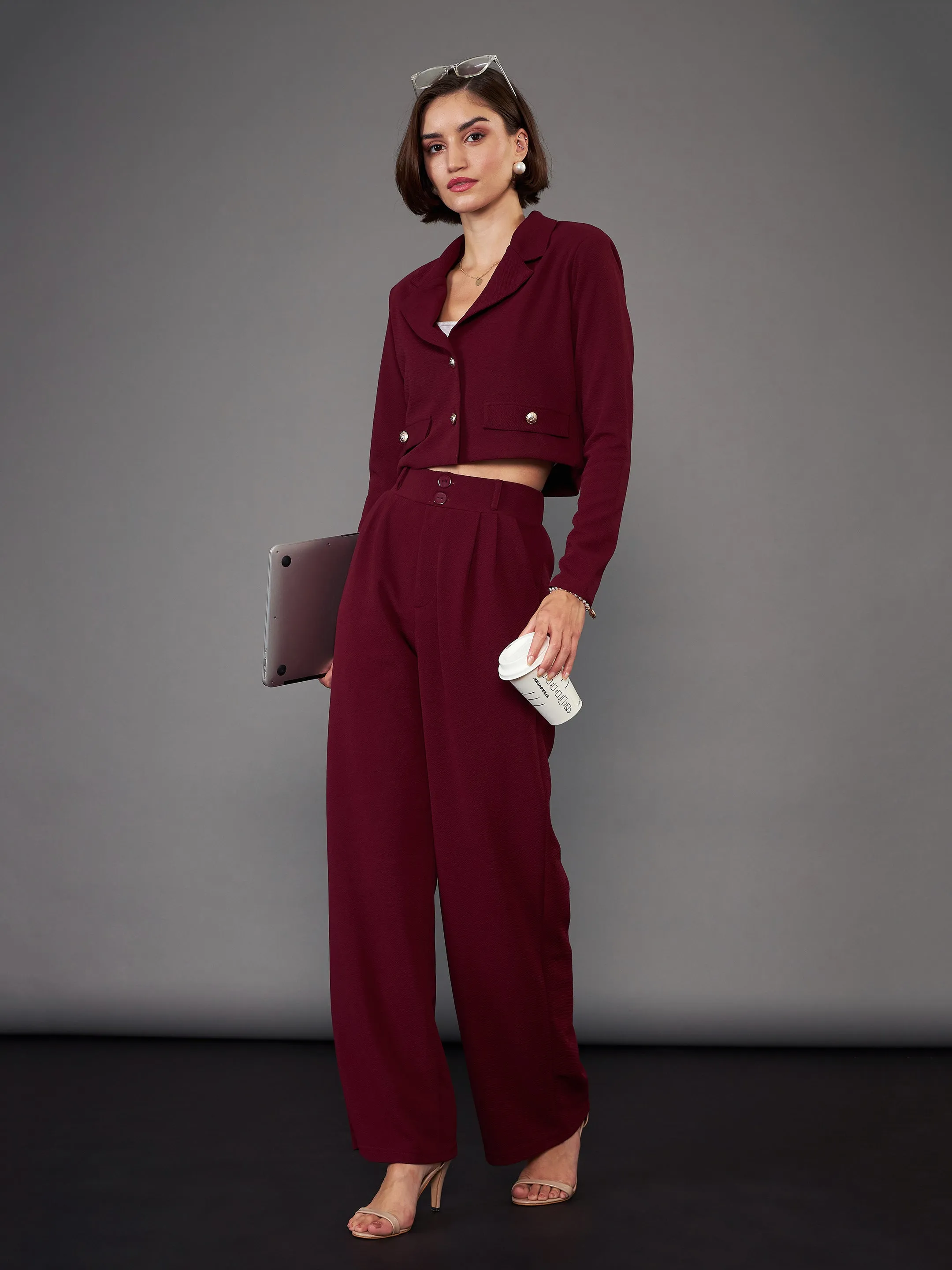 Women Burgundy Notch Collar Crop Blazer With Pleated Pants