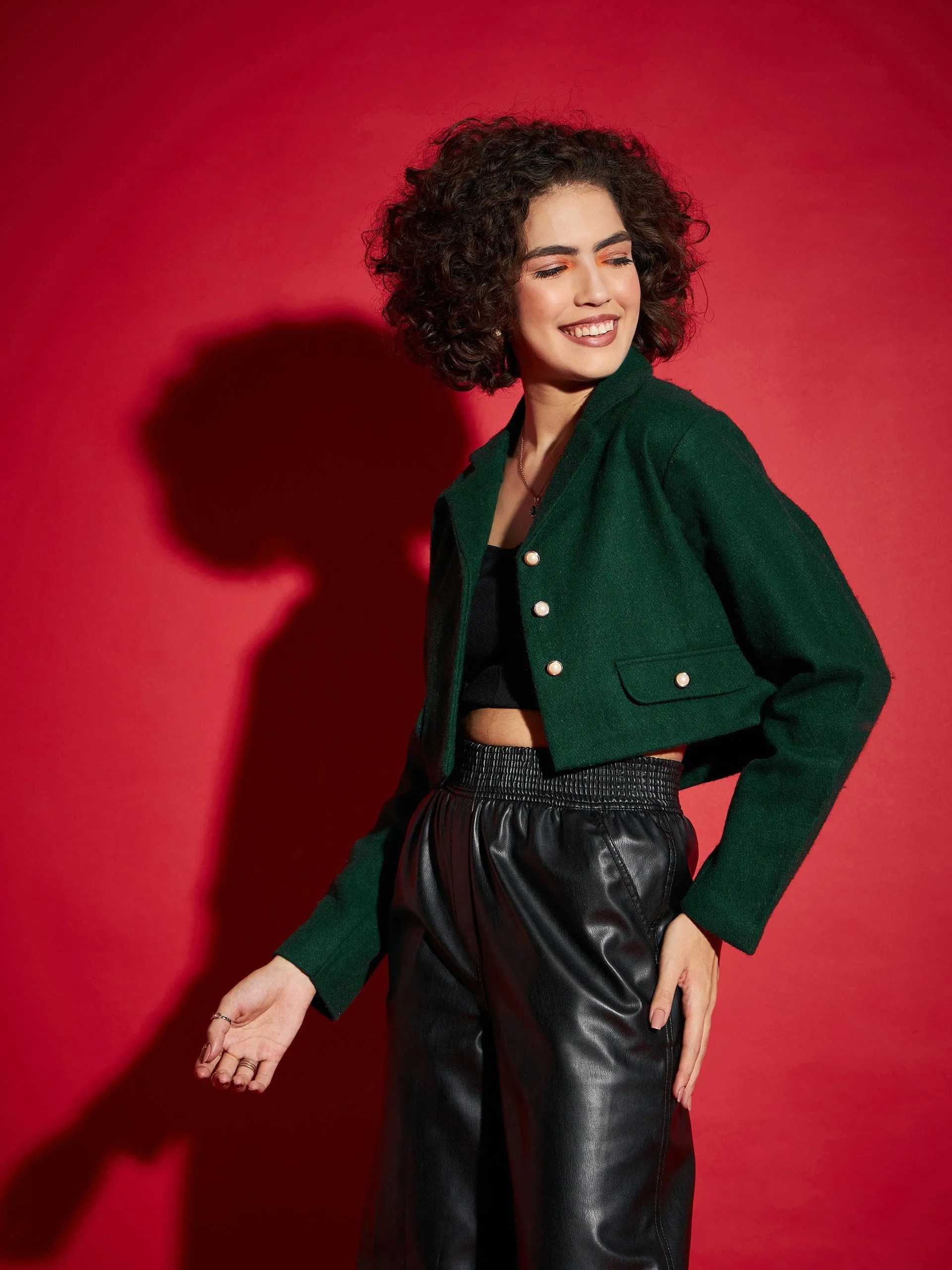 Women Green Tweed Notch Collar Crop Blazer