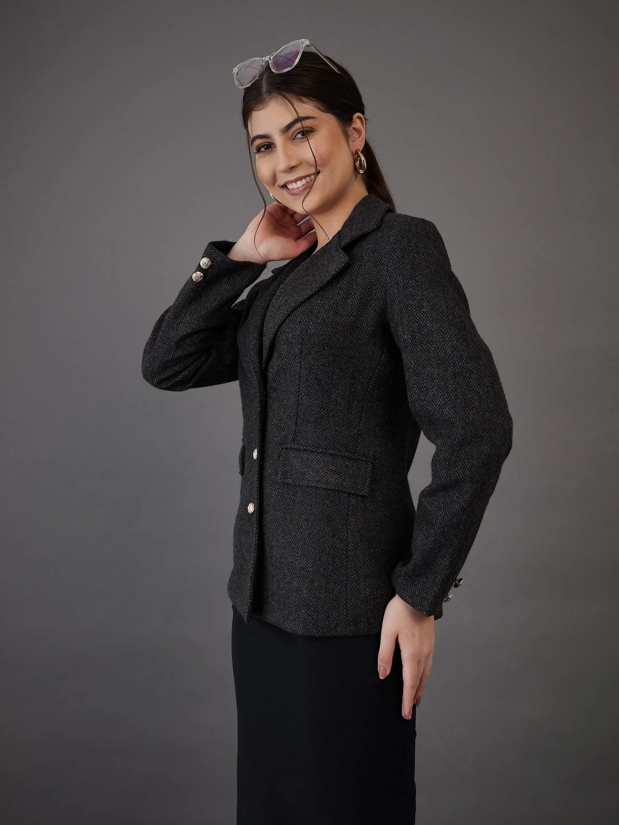 Women Grey Tweed Notch Collar Single-Breasted Blazer