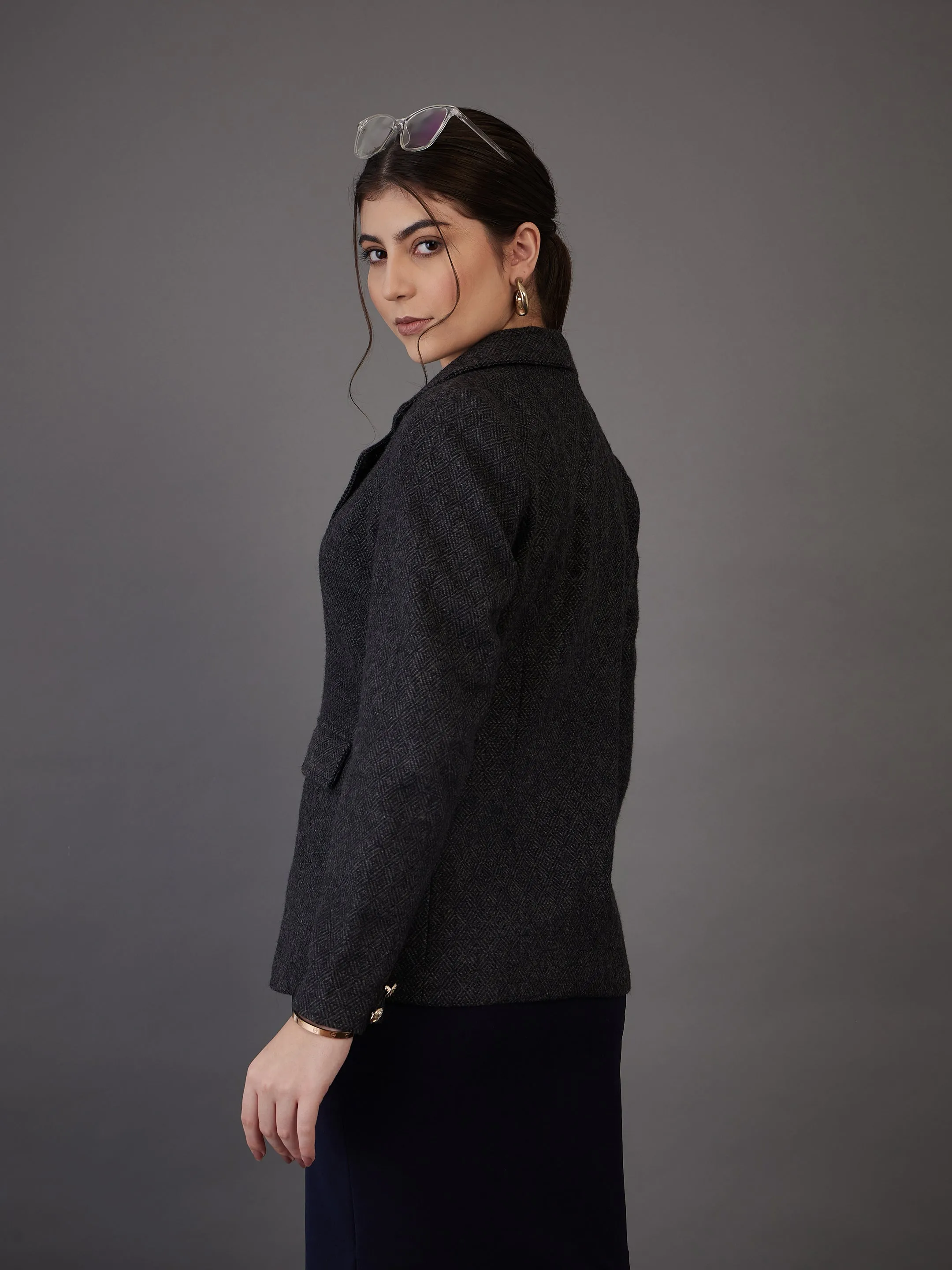 Women Grey Tweed Notch Collar Single-Breasted Blazer