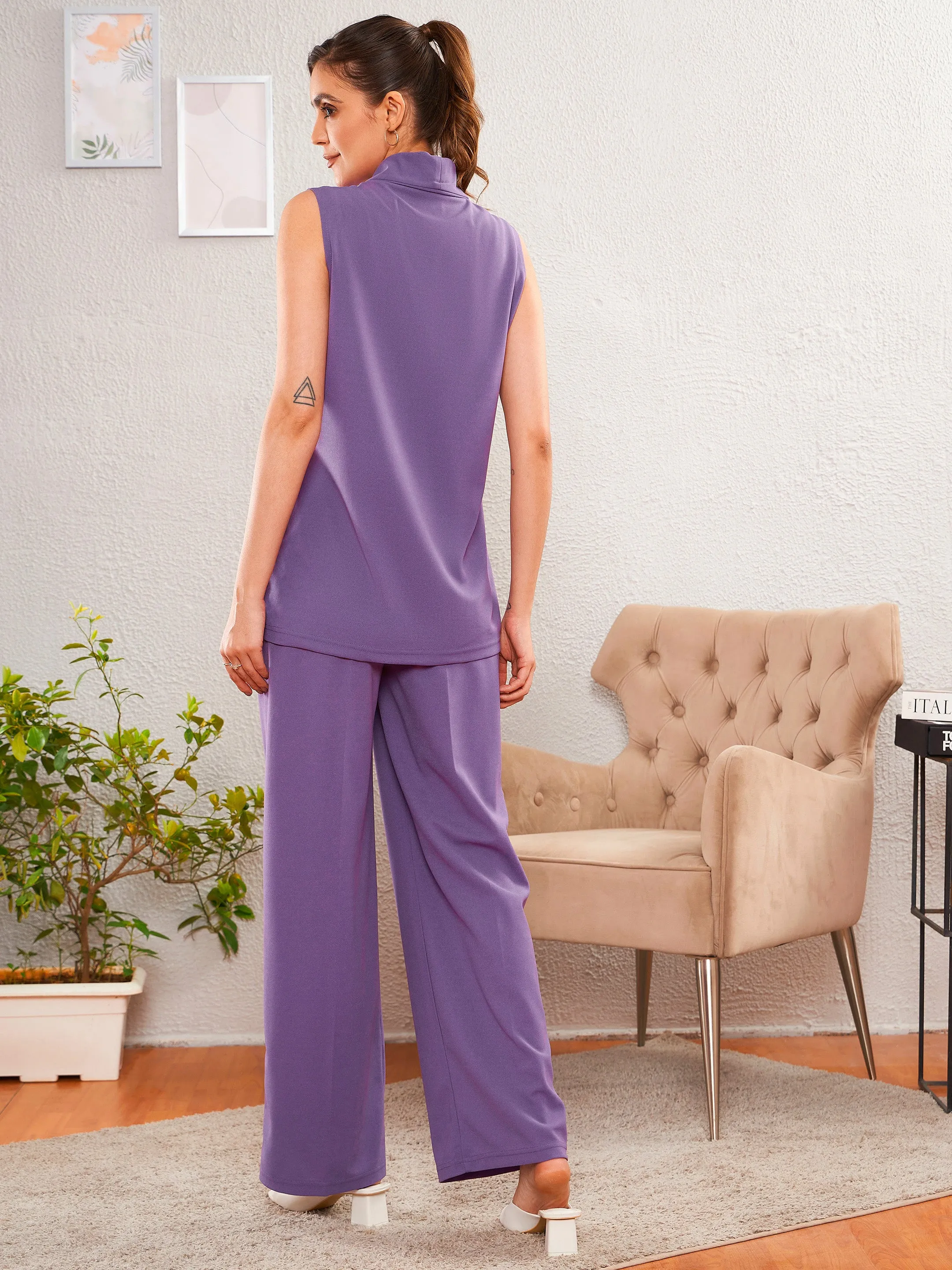 Women Lavender Sleeveless Blazer With Straight Pants