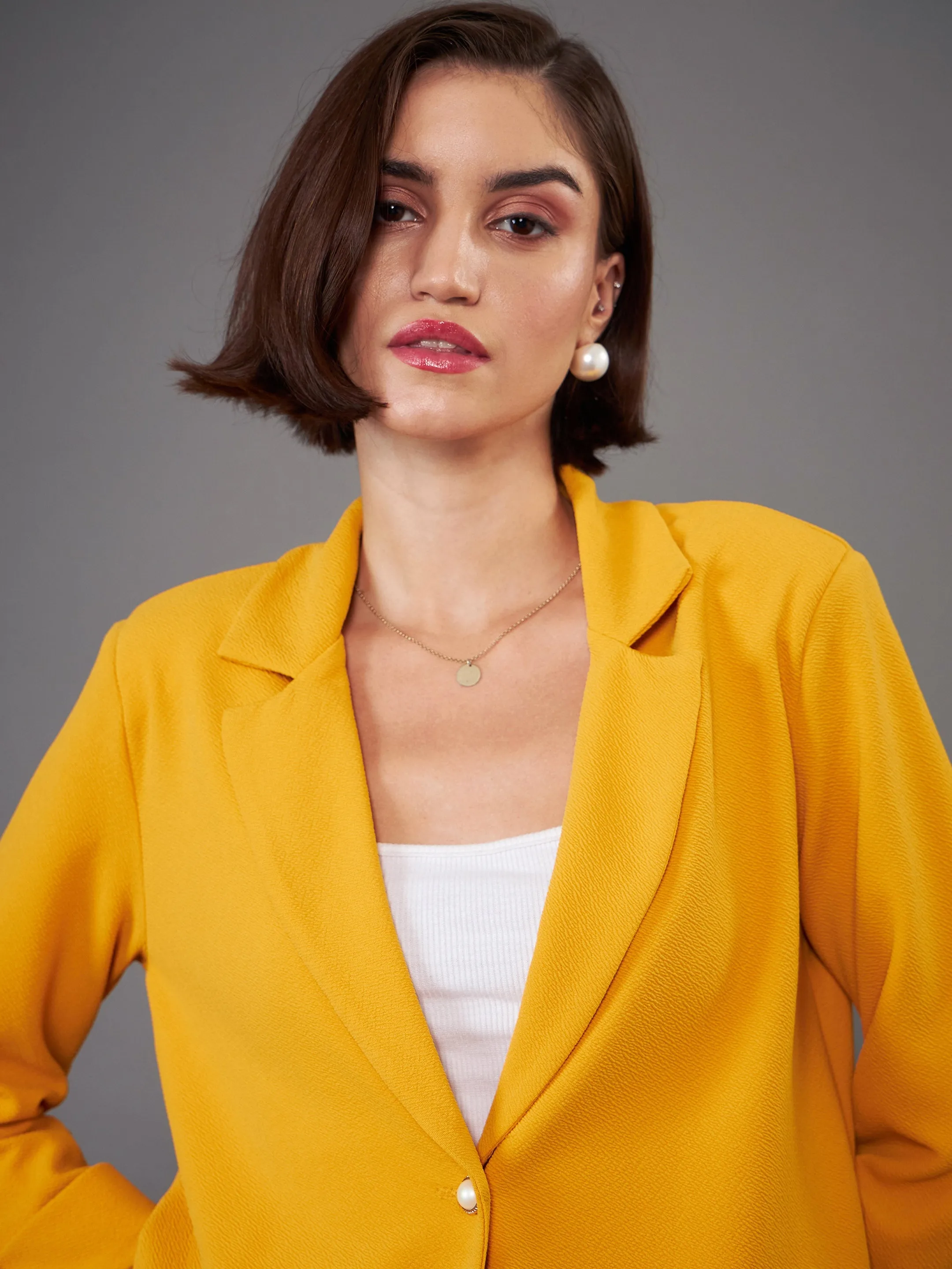 Women Mustard Front Button Blazer With Straight Pants