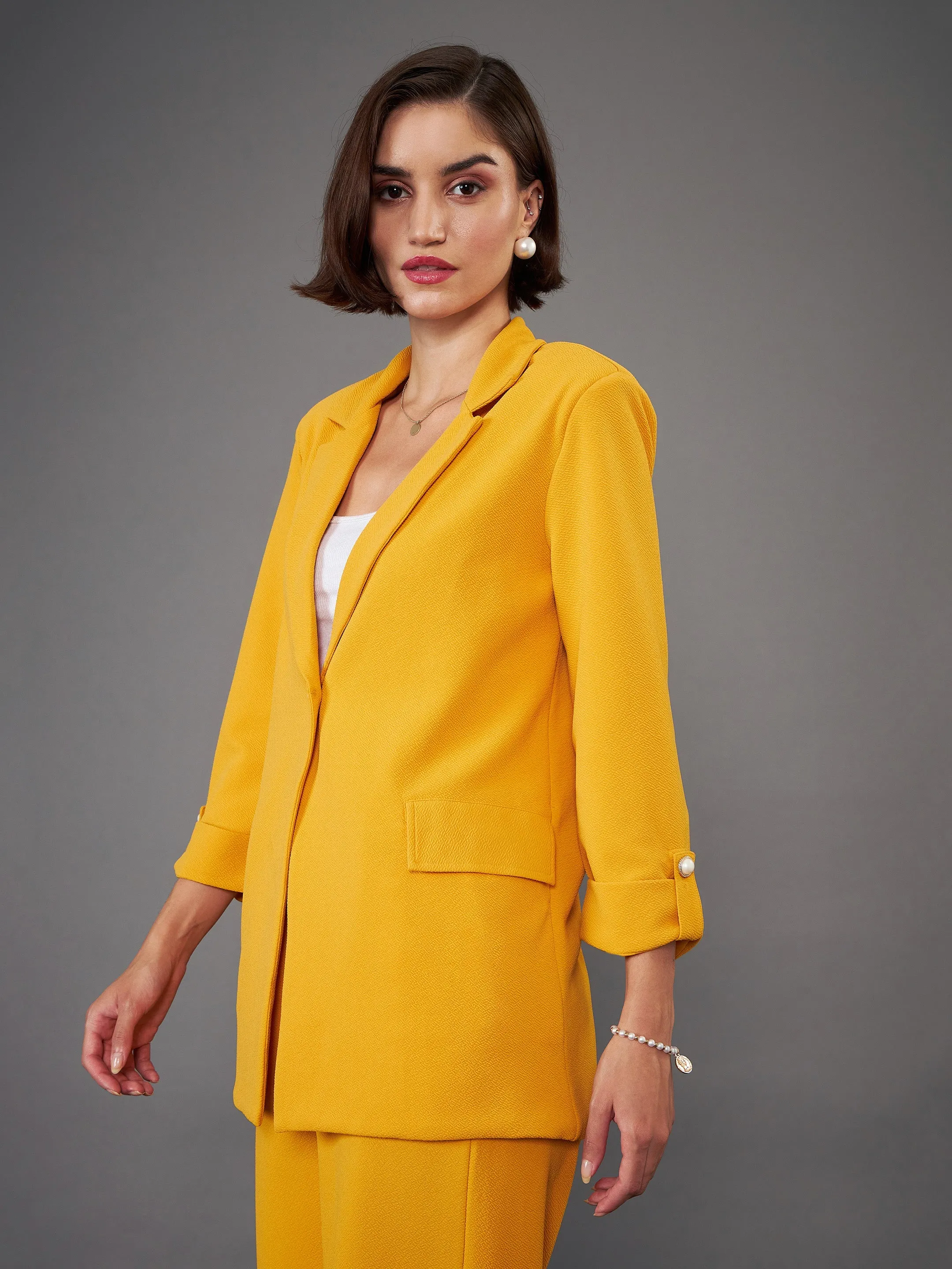 Women Mustard Front Button Blazer