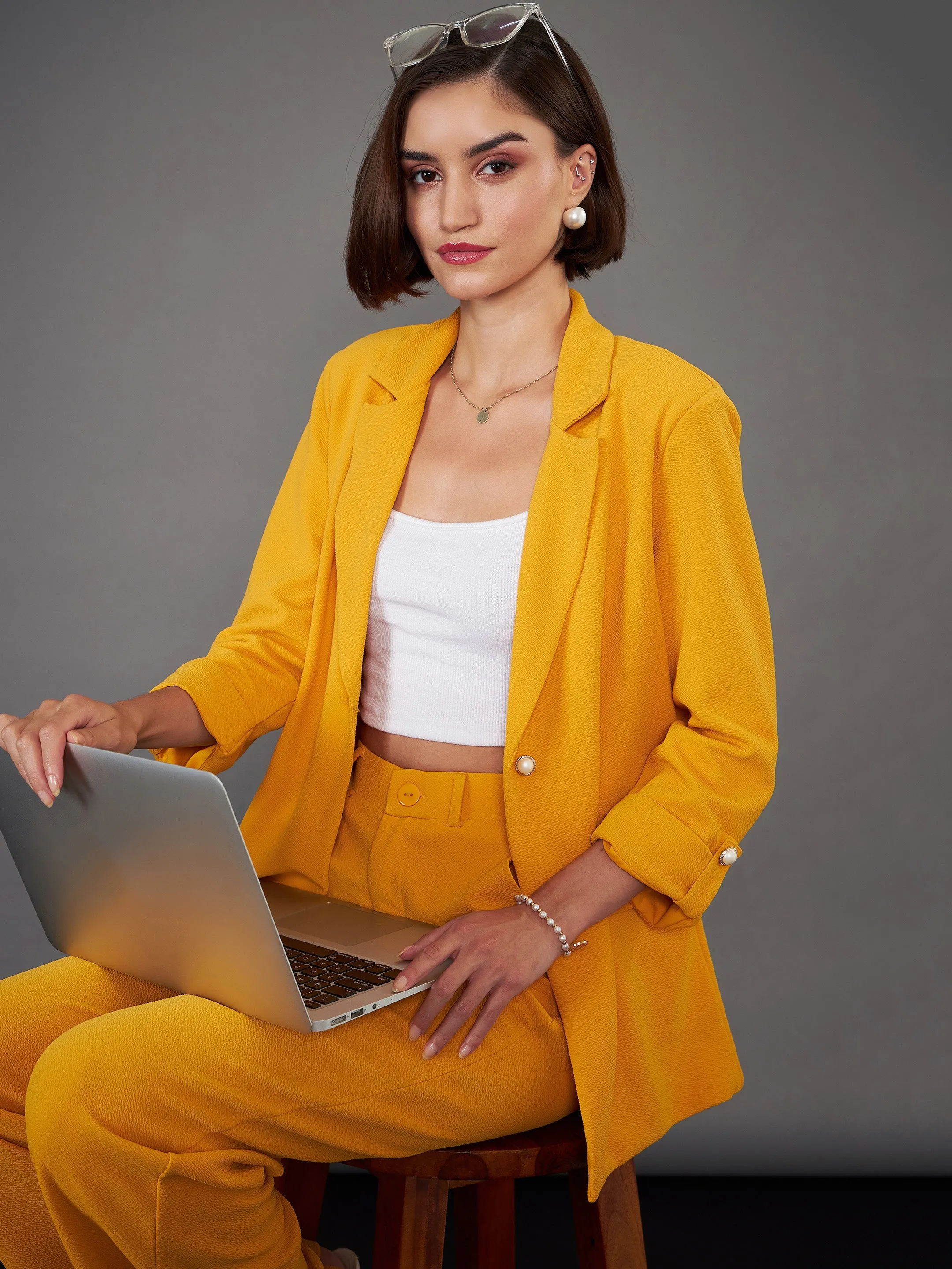 Women Mustard Front Button Blazer