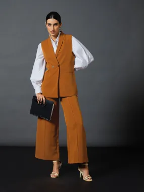 Women Mustard Sleeveless Blazer With Darted Palazzo Pants