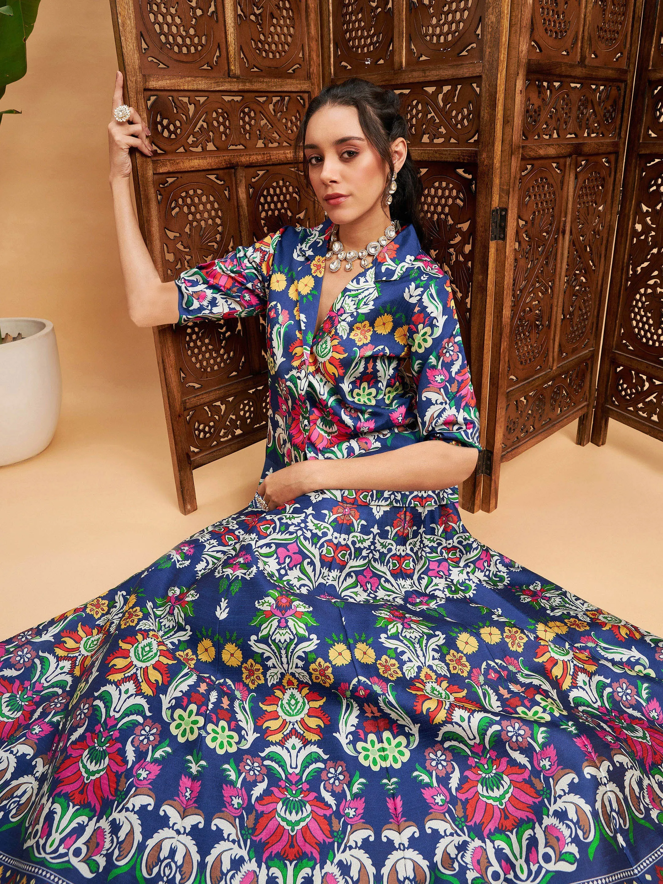 Women Navy Floral Anarkali Skirt With Blazer