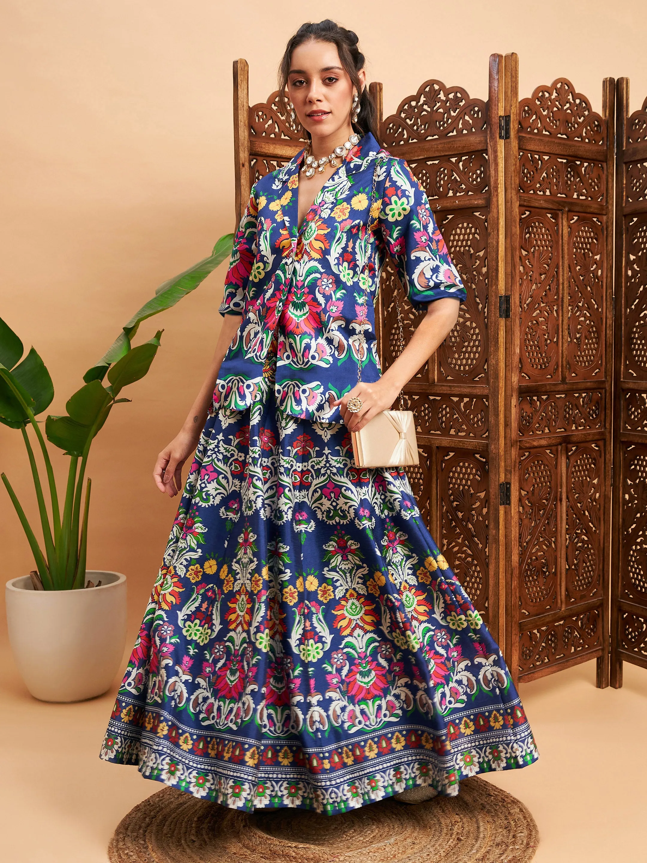 Women Navy Floral Anarkali Skirt With Blazer