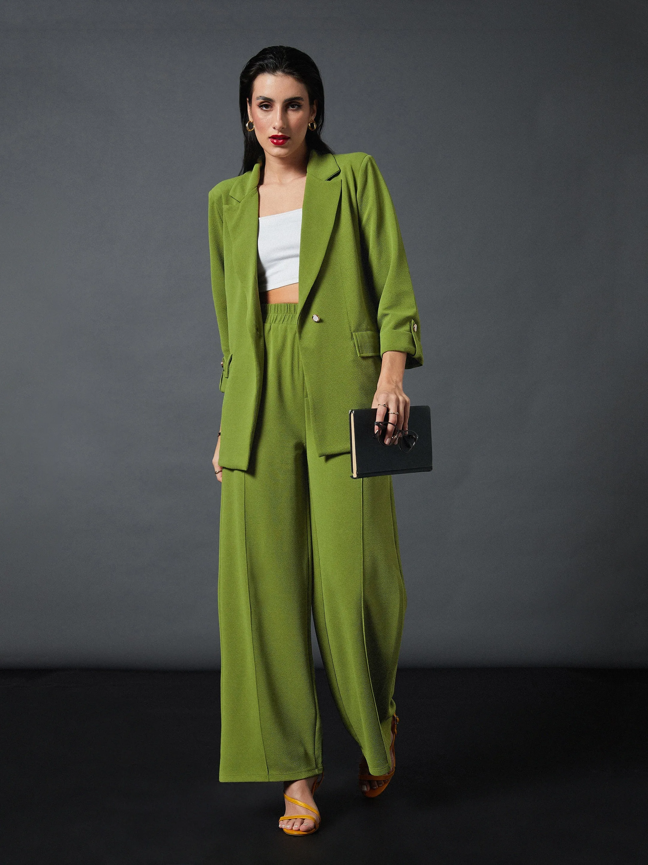 Women Olive Front Button Blazer With Palazzo Pants