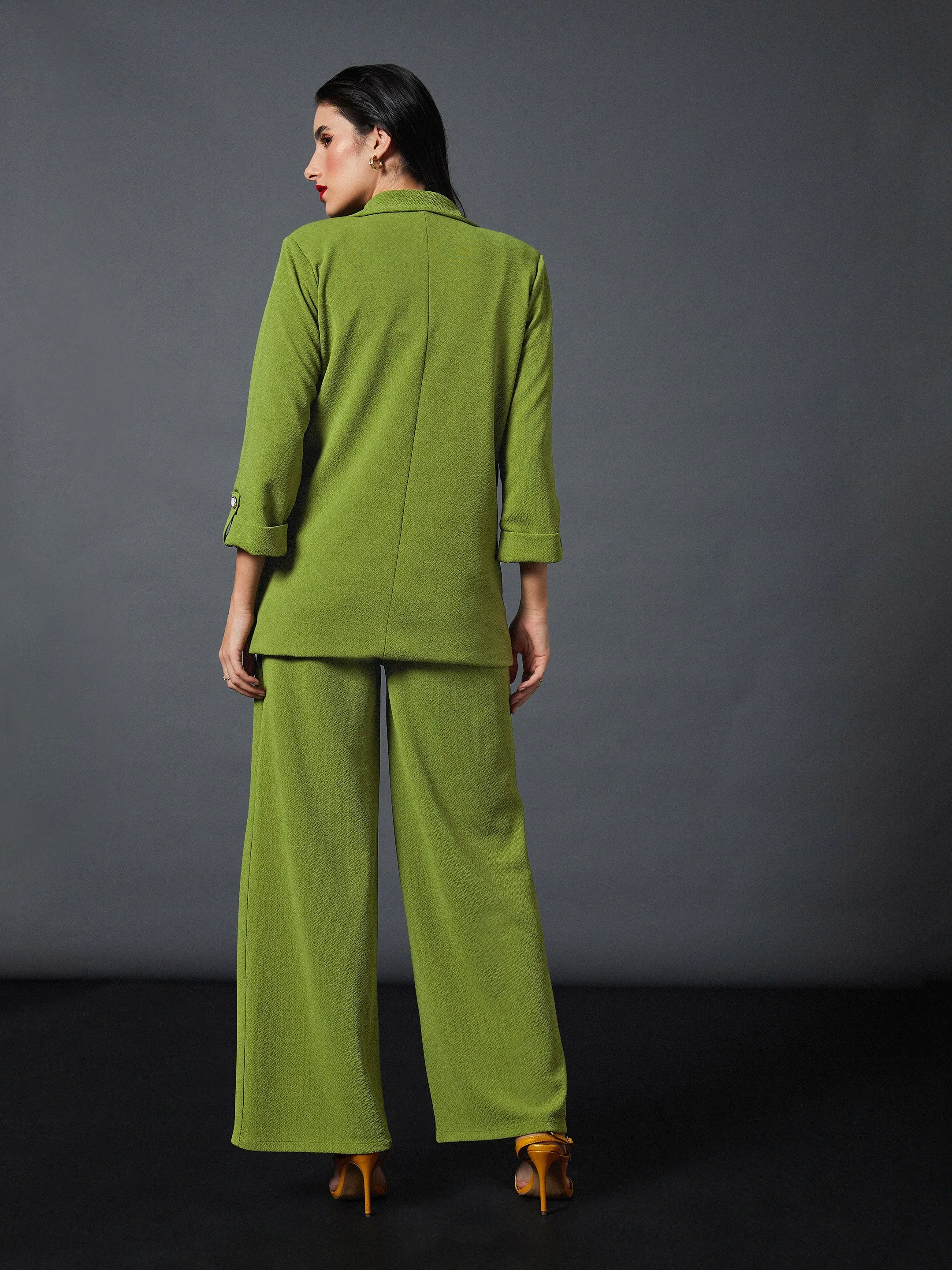 Women Olive Front Button Blazer With Palazzo Pants