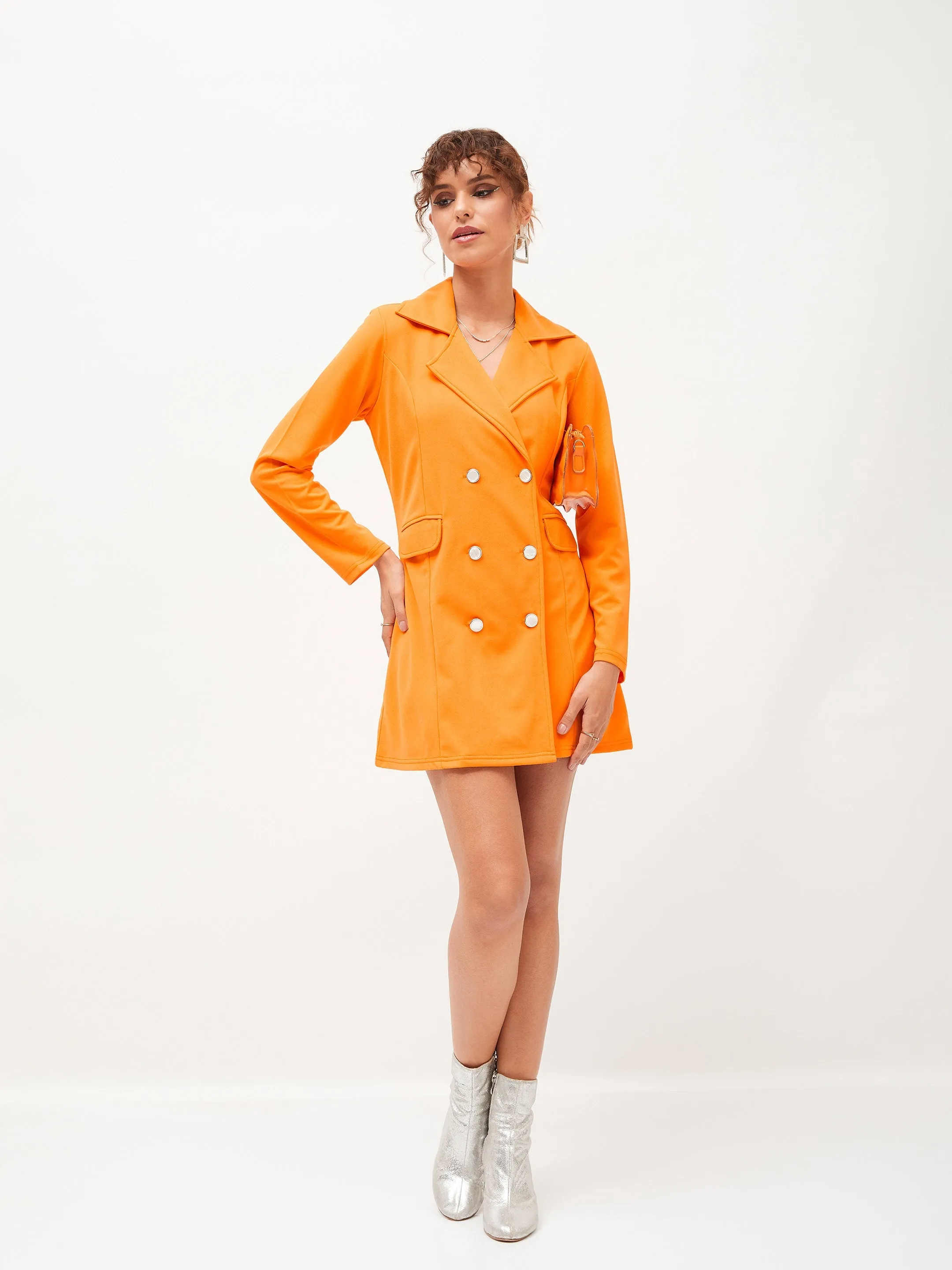 Women Orange Knitted Blazer Dress