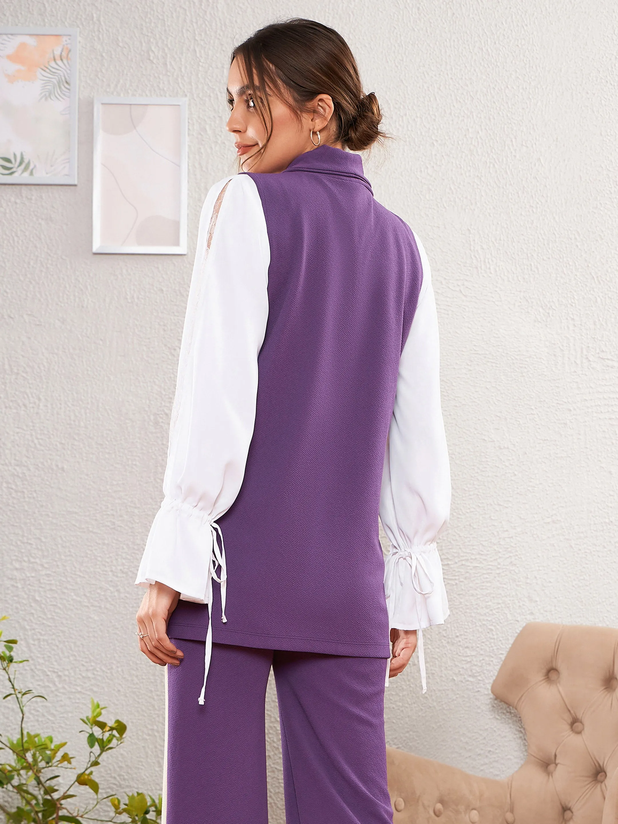 Women Purple Double-Breast Sleeveless Longline Blazer