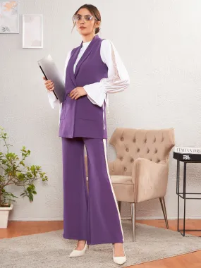 Women Purple Sleeveless Blazer With Bell Bottom Pants