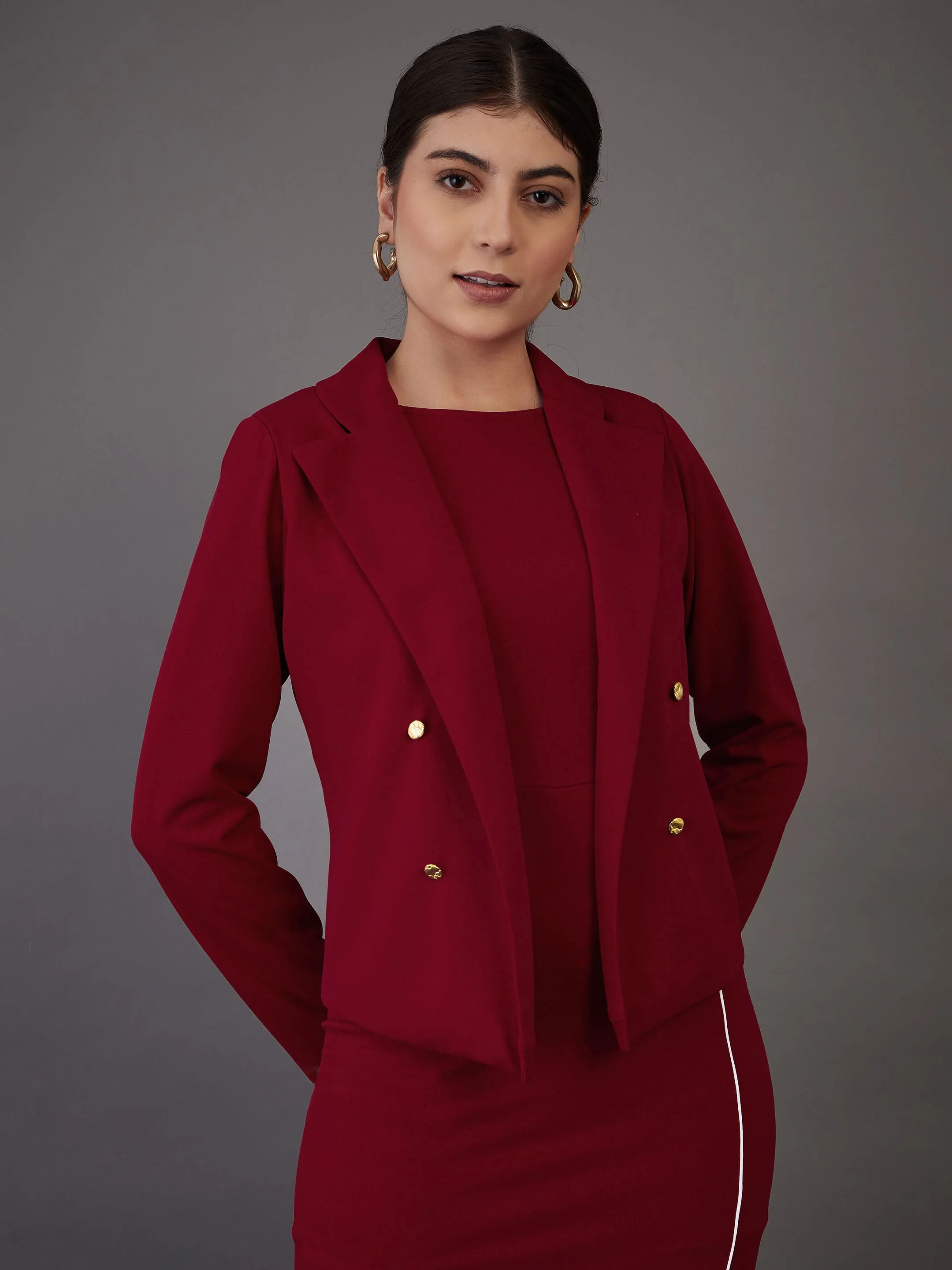 Women Red Notch Collar Single-Breasted Blazer