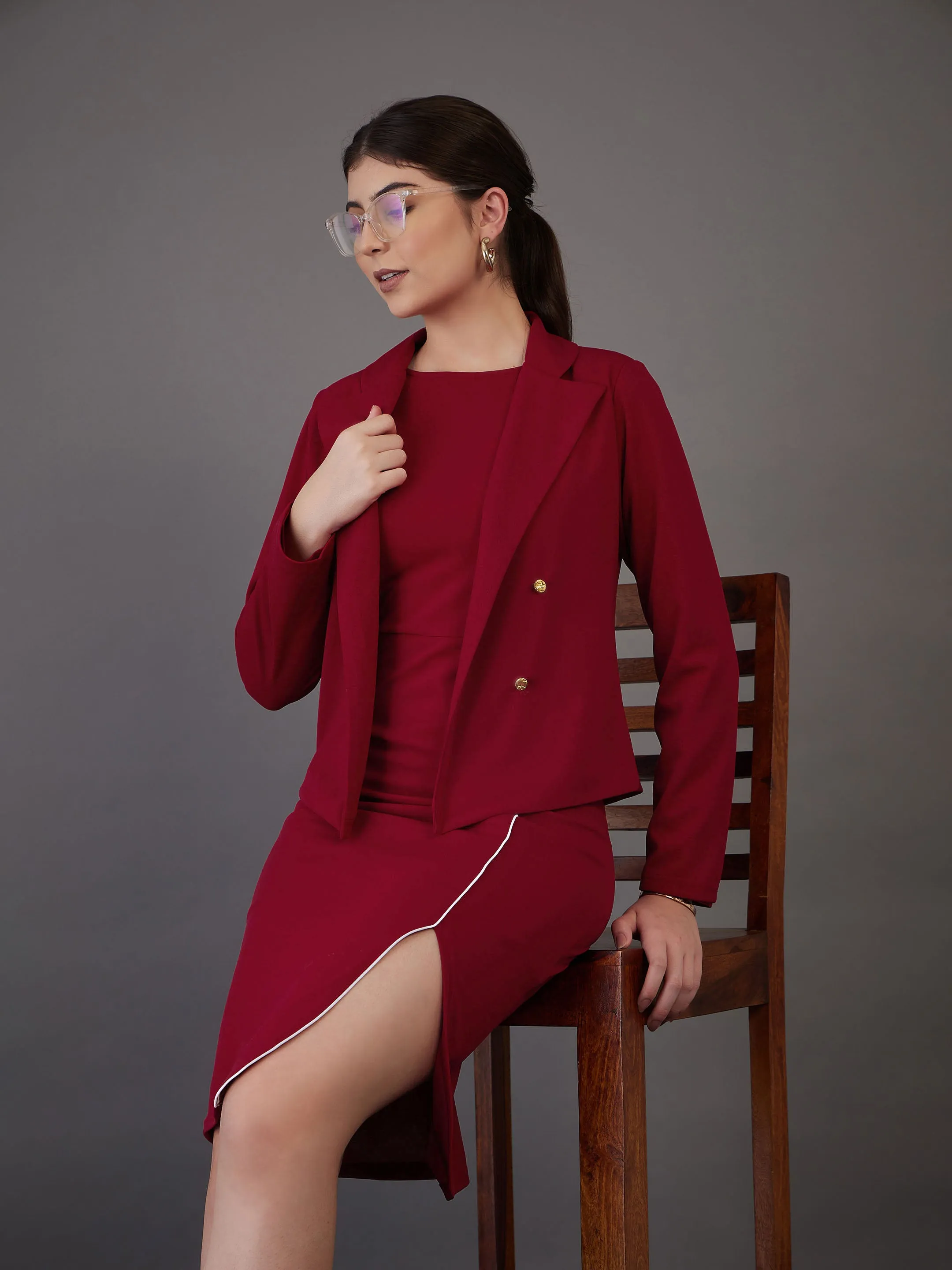 Women Red Notch Collar Single-Breasted Blazer