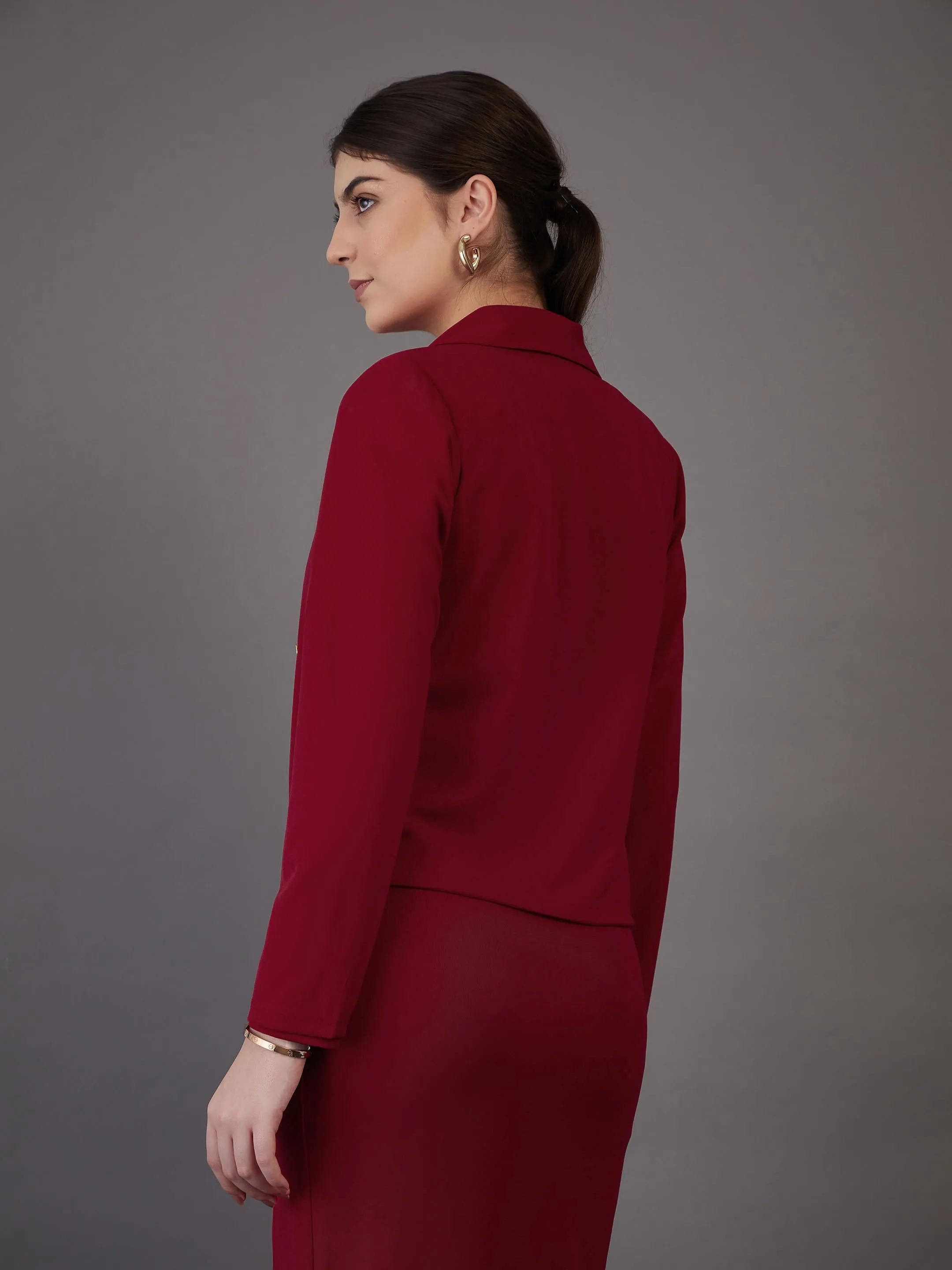 Women Red Notch Collar Single-Breasted Blazer