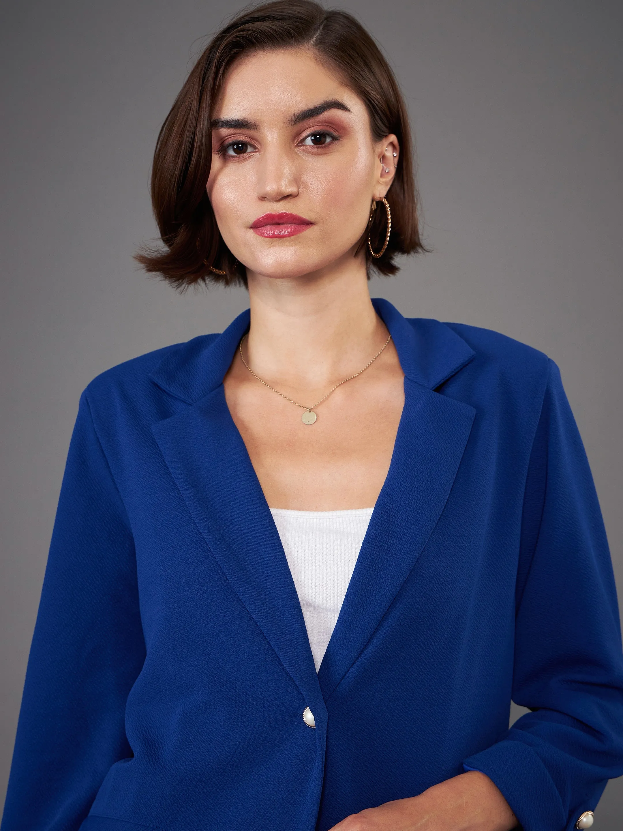 Women Royal Blue Front Button Blazer With Pleated Pants