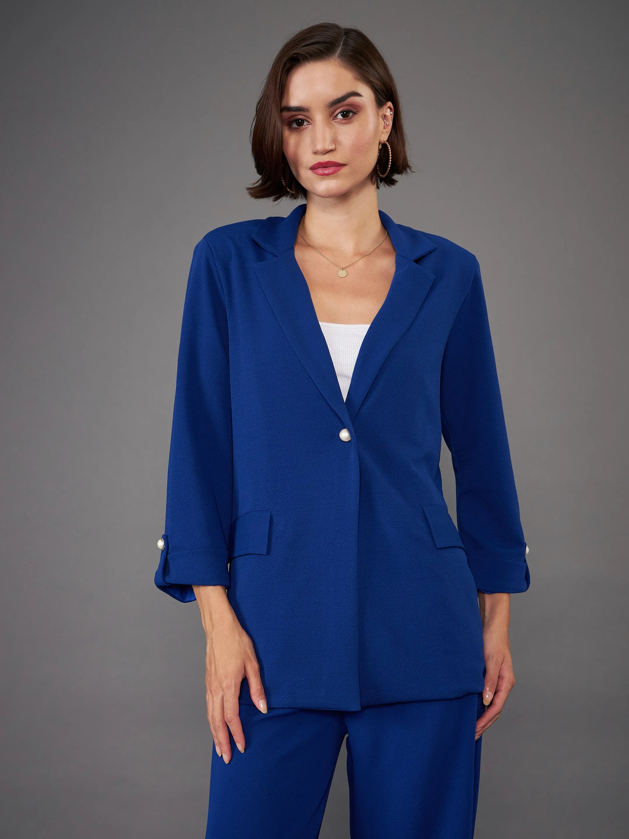 Women Royal Blue Front Button Blazer