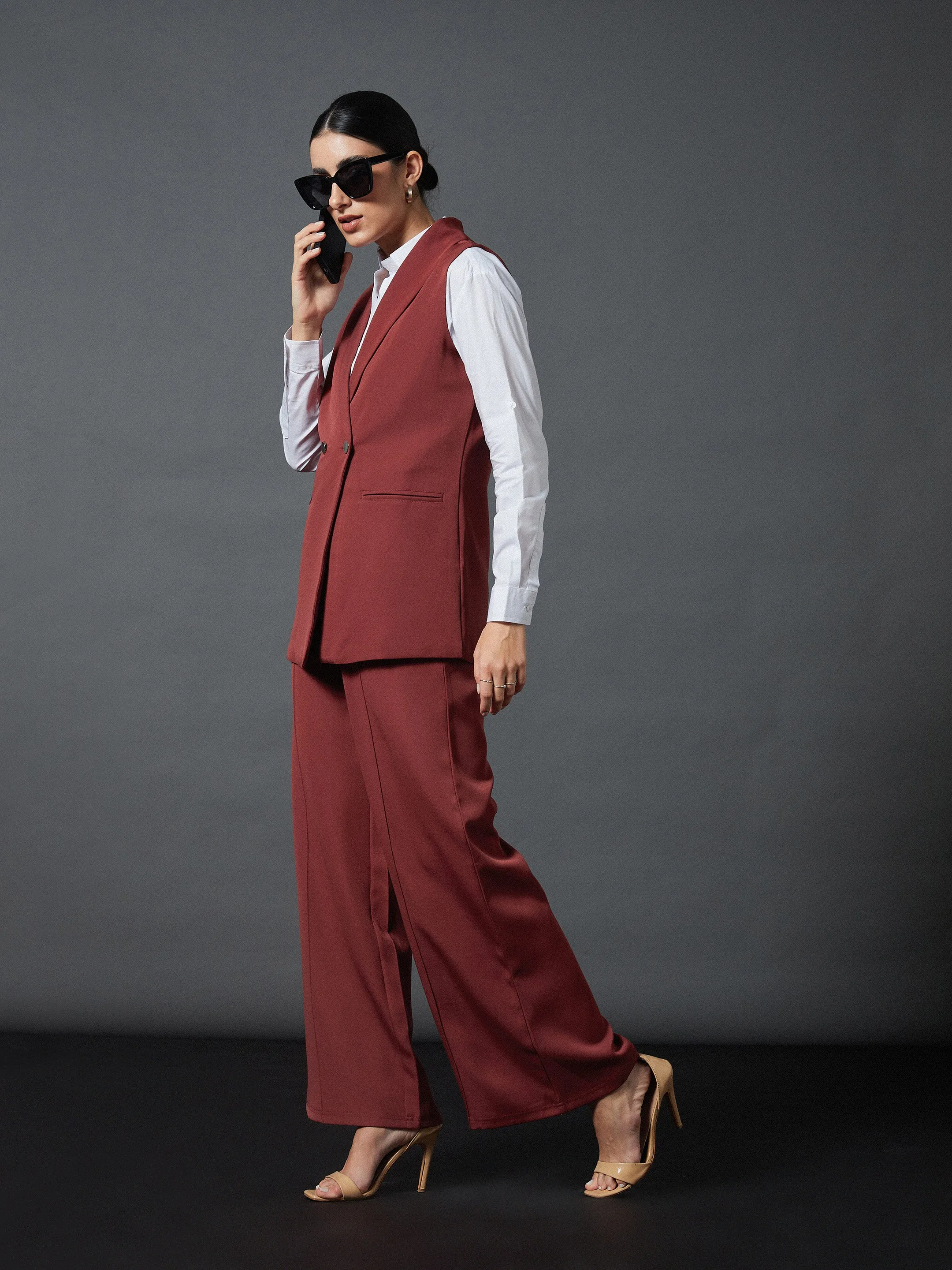 Women Rust Sleeveless Blazer With Darted Palazzo Pants