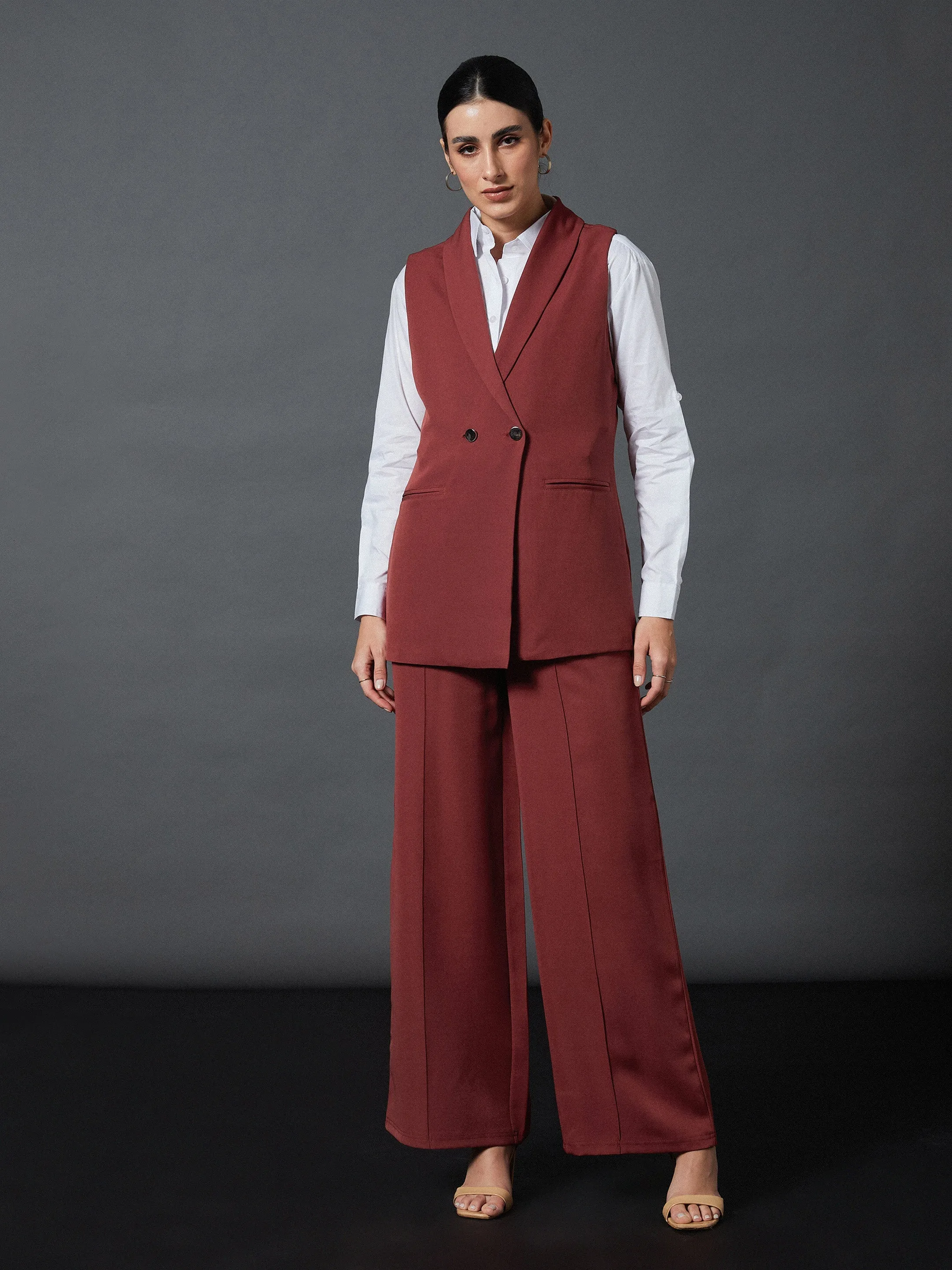 Women Rust Sleeveless Blazer With Darted Palazzo Pants