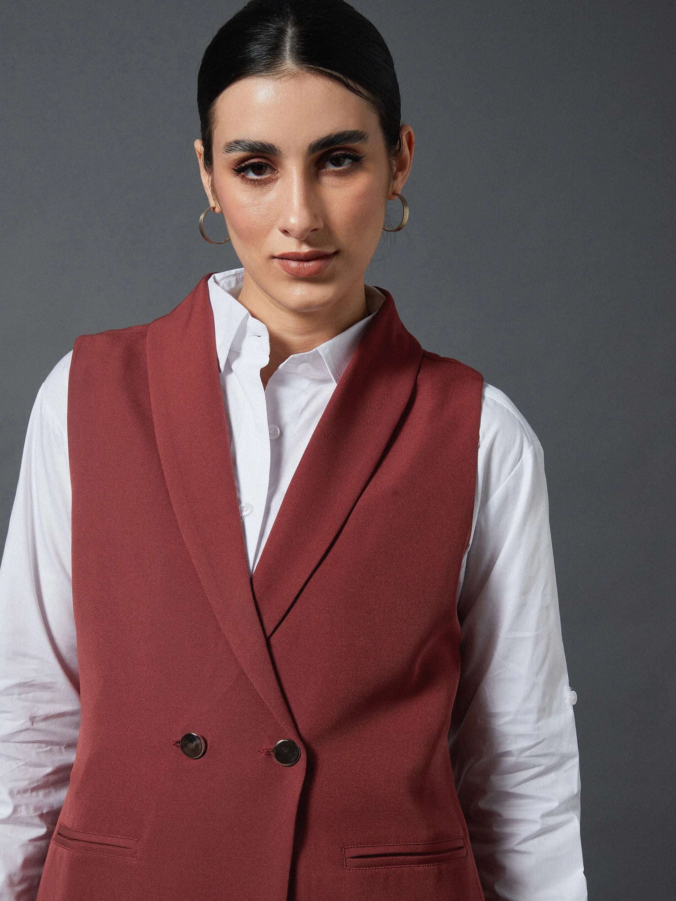 Women Rust Sleeveless Blazer With Darted Palazzo Pants