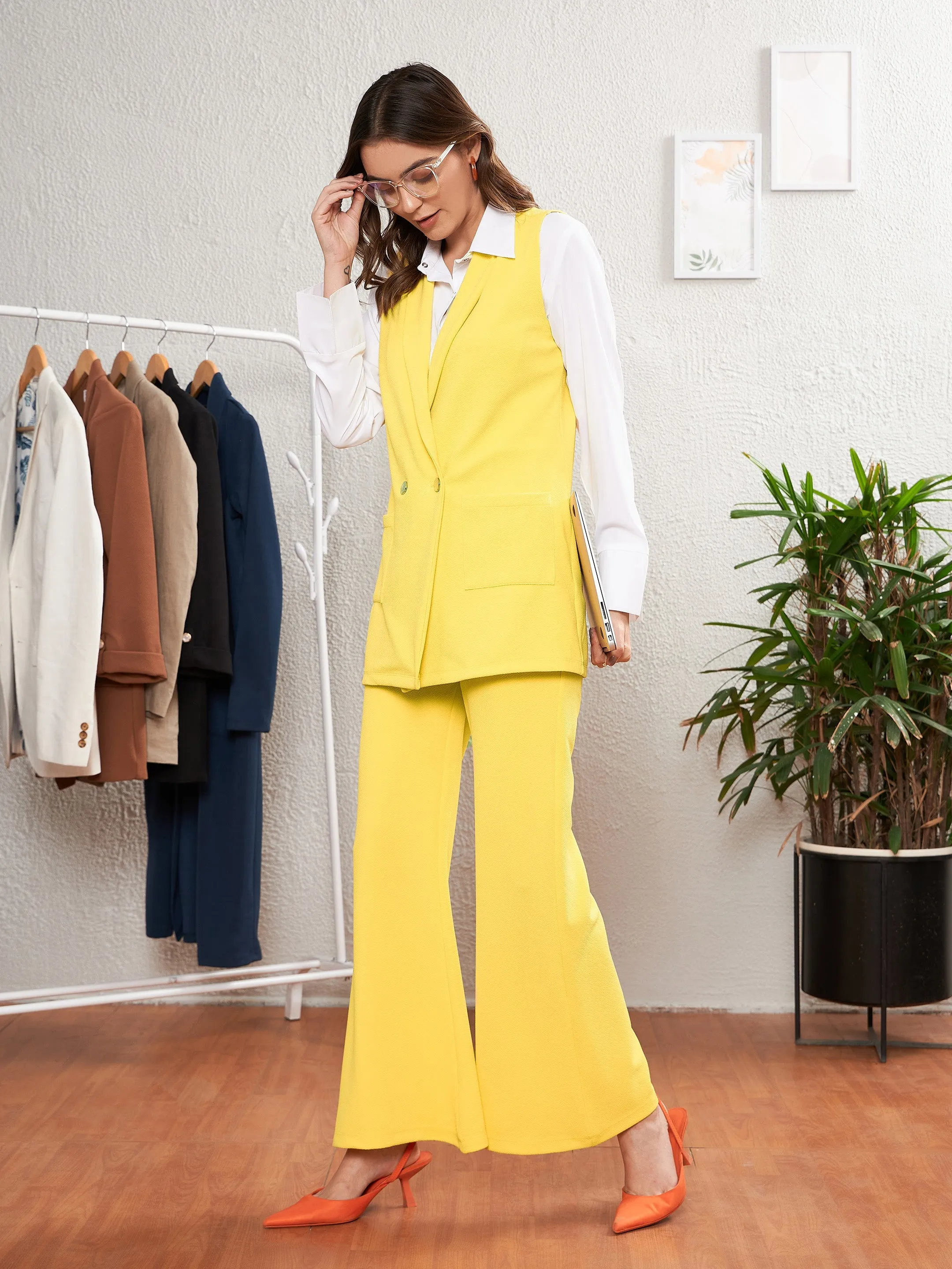 Women Yellow Double-Breast Sleeveless Longline Blazer