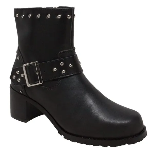 Women's 8 Inch Block Heeled Biker Boots W/Buckle Strap