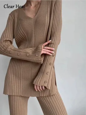 Women's Casual V-neck Side Slit Sweater Pantsuit Lady Fashion Solid Long Sleeve Two Piece Set Top Wide Leg Pants Suit Female