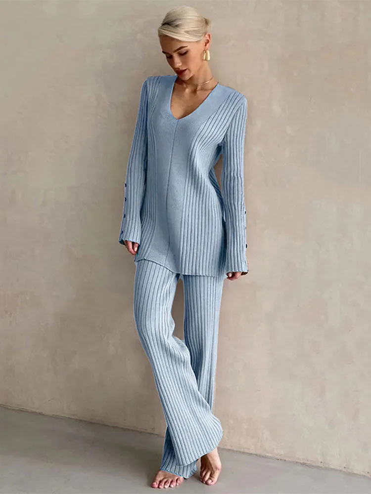 Women's Casual V-neck Side Slit Sweater Pantsuit Lady Fashion Solid Long Sleeve Two Piece Set Top Wide Leg Pants Suit Female