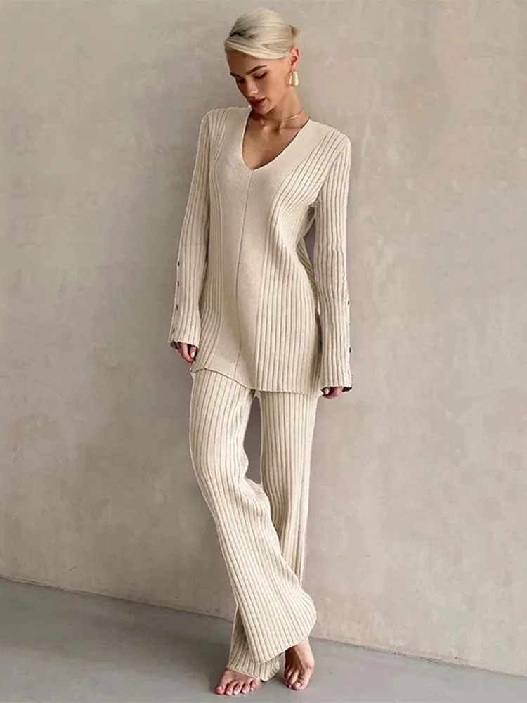 Women's Casual V-neck Side Slit Sweater Pantsuit Lady Fashion Solid Long Sleeve Two Piece Set Top Wide Leg Pants Suit Female