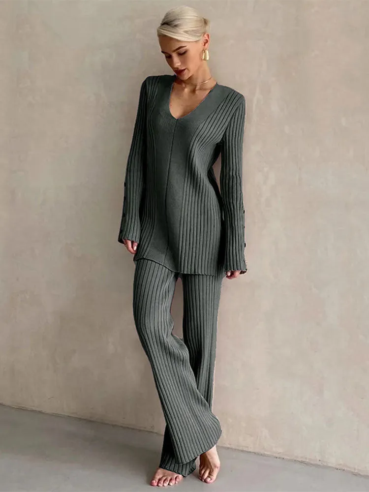 Women's Casual V-neck Side Slit Sweater Pantsuit Lady Fashion Solid Long Sleeve Two Piece Set Top Wide Leg Pants Suit Female