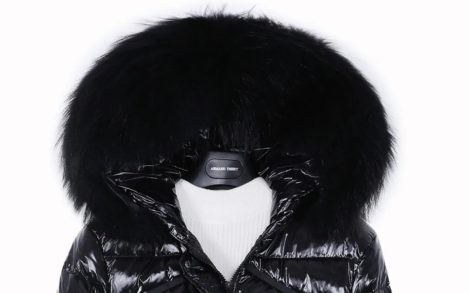 Women's Duck Down Lining Real Raccoon Fur Collar Shiny Jacket