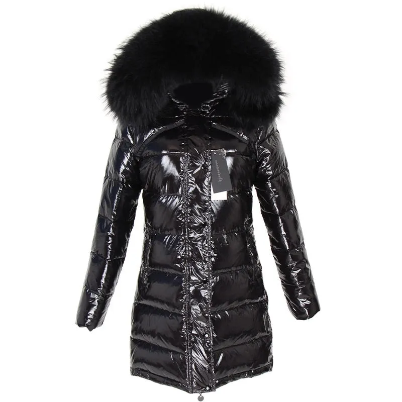 Women's Duck Down Lining Real Raccoon Fur Collar Shiny Jacket