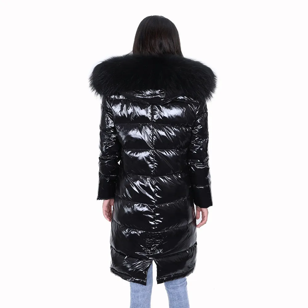 Women's Duck Down Lining Real Raccoon Fur Collar Shiny Jacket