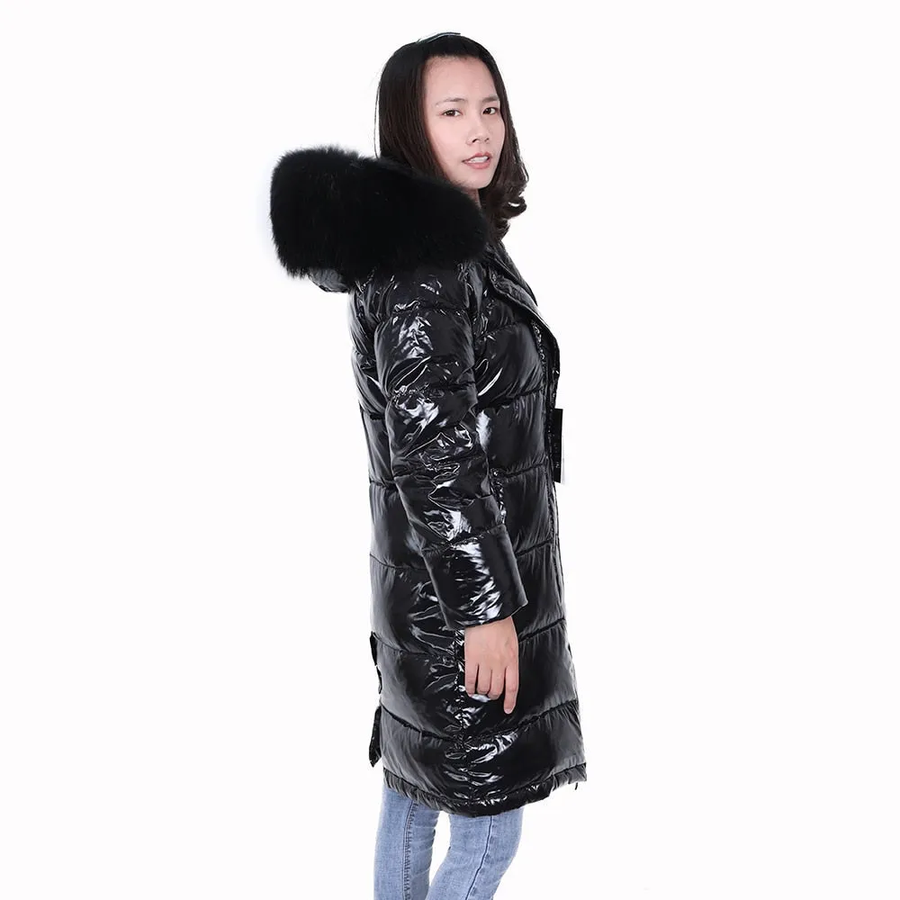 Women's Duck Down Lining Real Raccoon Fur Collar Shiny Jacket