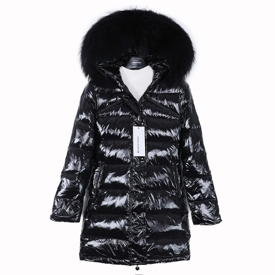 Women's Duck Down Lining Real Raccoon Fur Collar Shiny Jacket