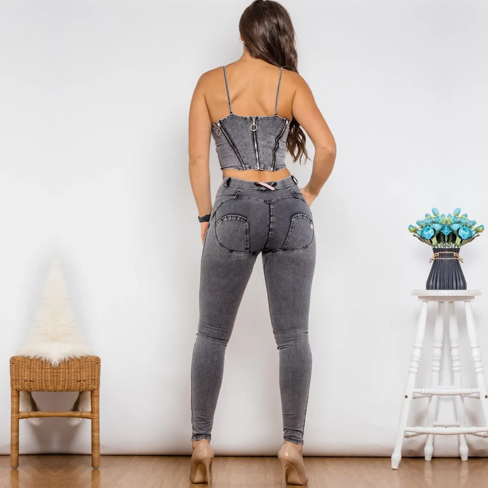 Women's Elegant Gray Denim Zipper Push-Up Top Middle Waist Jeans 2pc Set