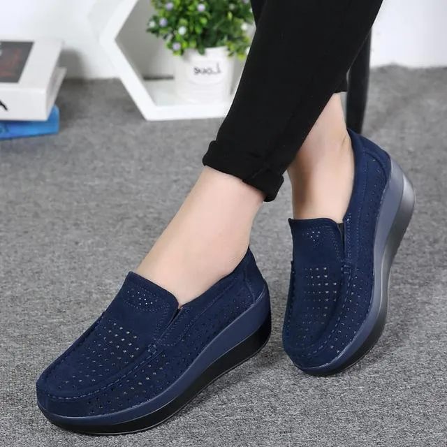 Women's Elegant Suede Leather Moccasins Flat Slip-On Platform Loafers