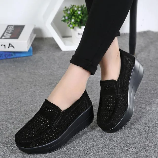 Women's Elegant Suede Leather Moccasins Flat Slip-On Platform Loafers