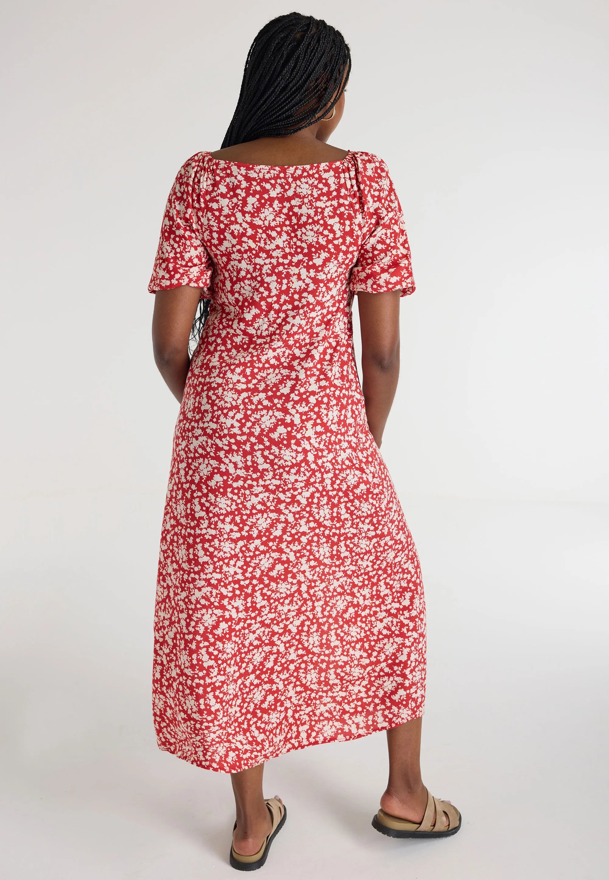 Womens Red Floral Ruffle Edge Midi Dress