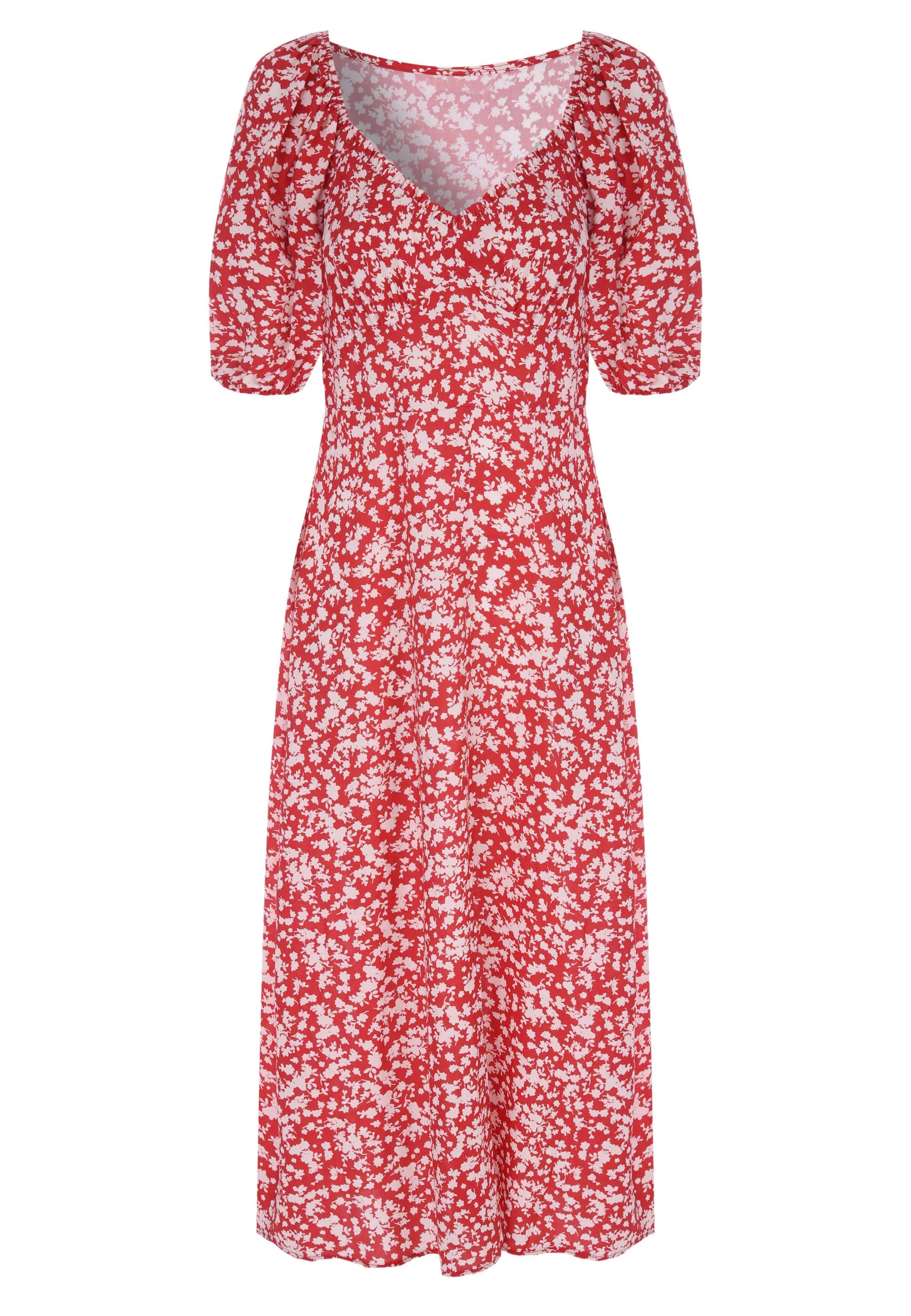 Womens Red Floral Ruffle Edge Midi Dress