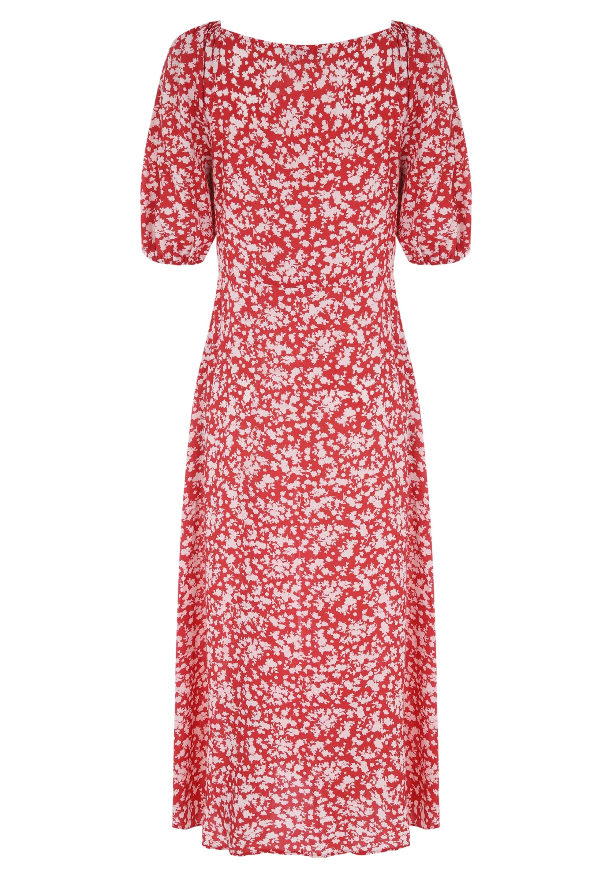 Womens Red Floral Ruffle Edge Midi Dress