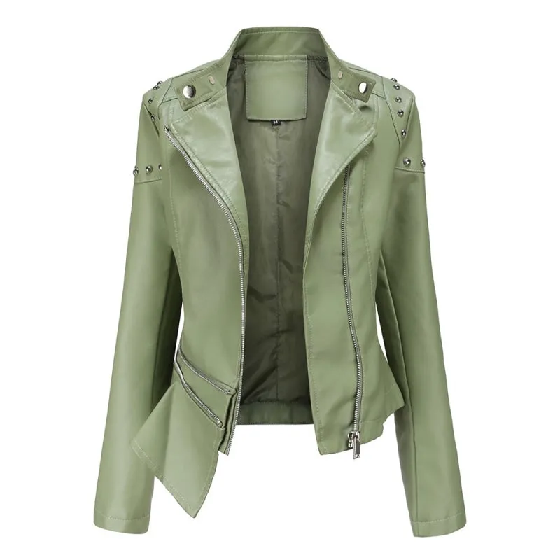 Women's Rivet Synthetic Leather Stand Collar Moto Biker Short Jacket