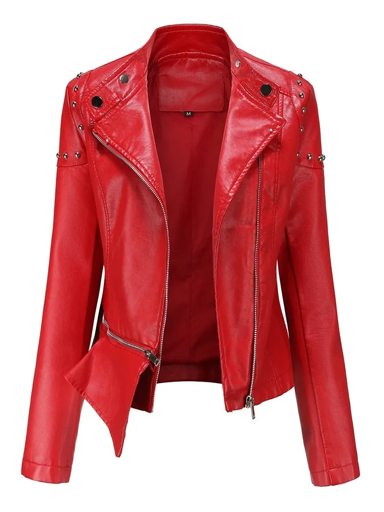 Women's Rivet Synthetic Leather Stand Collar Moto Biker Short Jacket