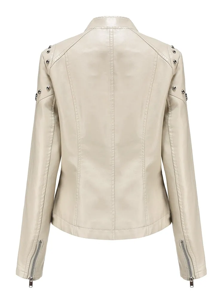 Women's Rivet Synthetic Leather Stand Collar Moto Biker Short Jacket