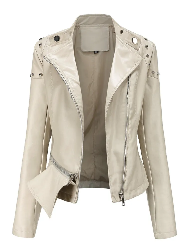 Women's Rivet Synthetic Leather Stand Collar Moto Biker Short Jacket